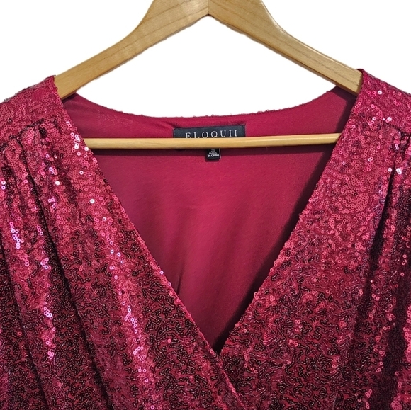 Eloquii cherry burgundy red sequins puff long sleeve v-neck midi wrap dress 20 - Picture 3 of 15